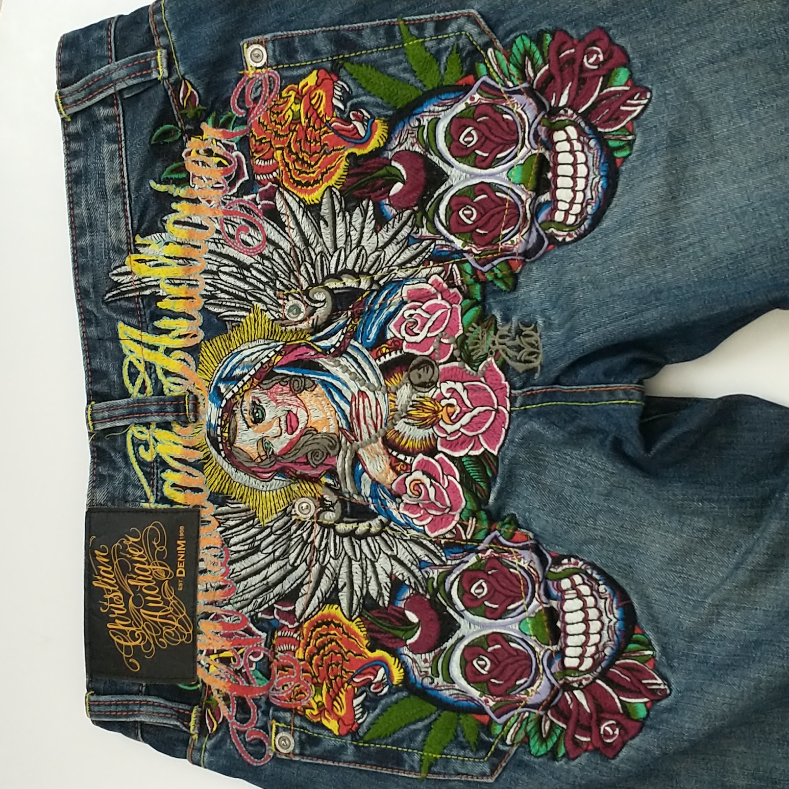 Christian Audigier Denim With Colorful Skull And Rose Embroidery. Size W32 L34